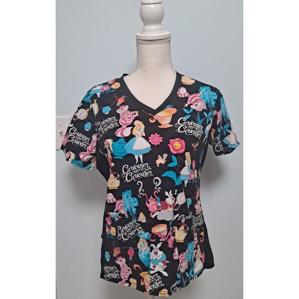 Disney Scrub Top S  Alice in Wonderland Mad Hatter Cheshire Cat Curiouser
